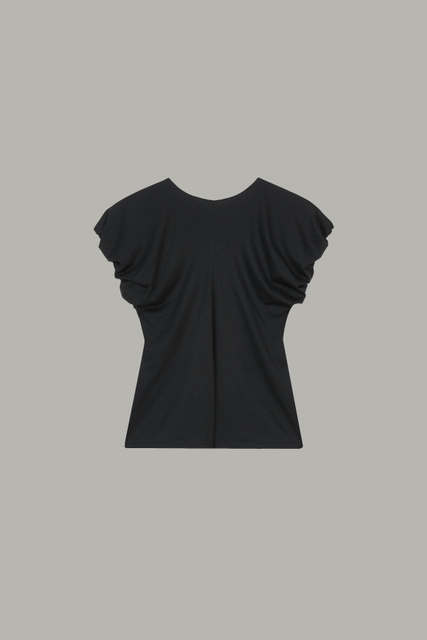 Women's Black Ruched Sleeve Fitted V-Neck Top 67