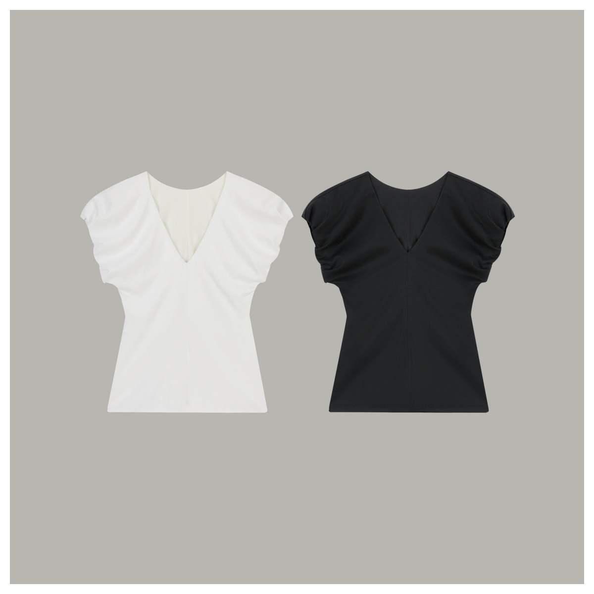 Women's Black Ruched Sleeve Fitted V-Neck Top 67