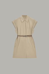 Women's Beige Collared Sleeveless Shirt Dress with Belt MJ048