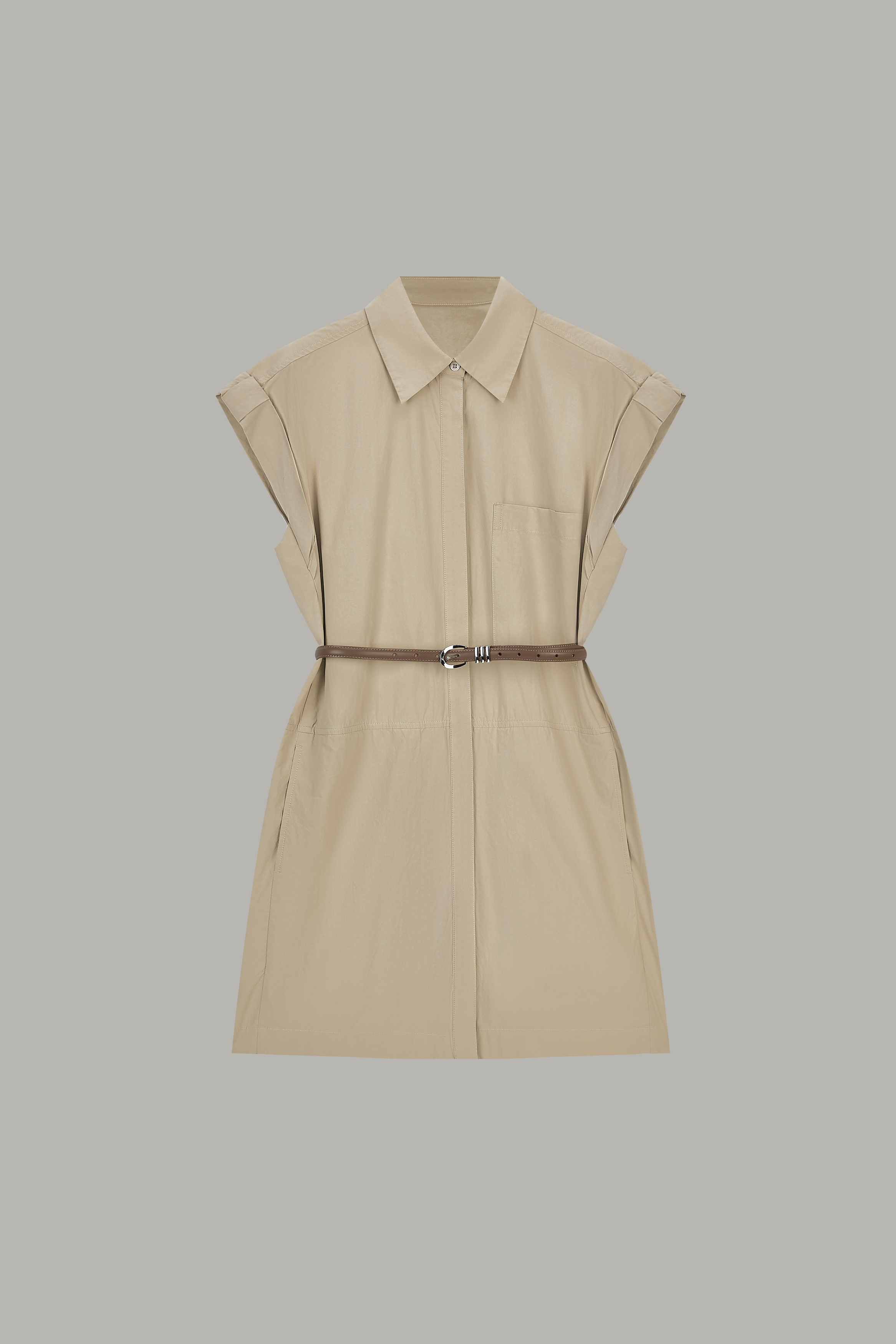 Women's Beige Collared Sleeveless Shirt Dress with Belt MJ048