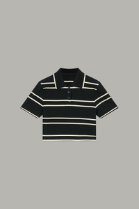 Women's Black & Cream Striped Cropped Polo Top 63