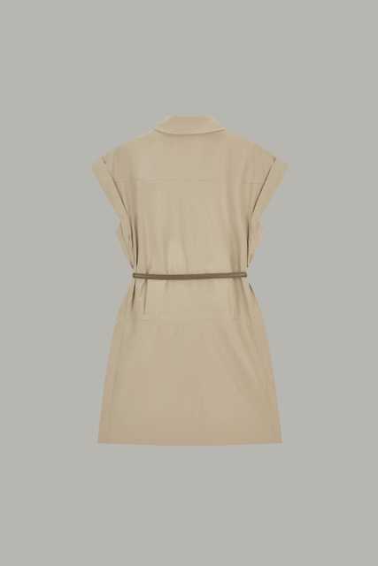 Women's Beige Collared Sleeveless Shirt Dress with Belt MJ048