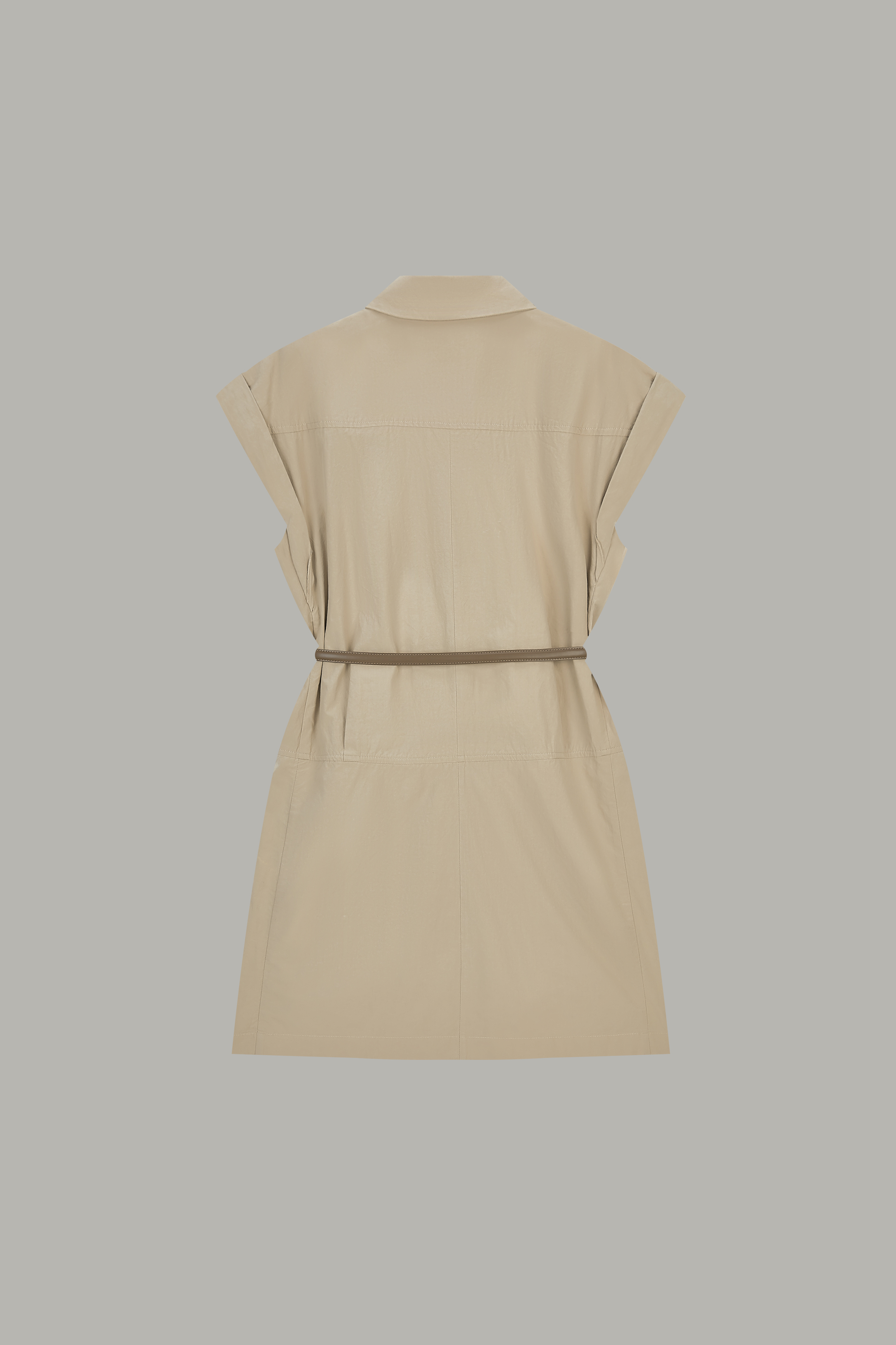 Women's Beige Collared Sleeveless Shirt Dress with Belt MJ048