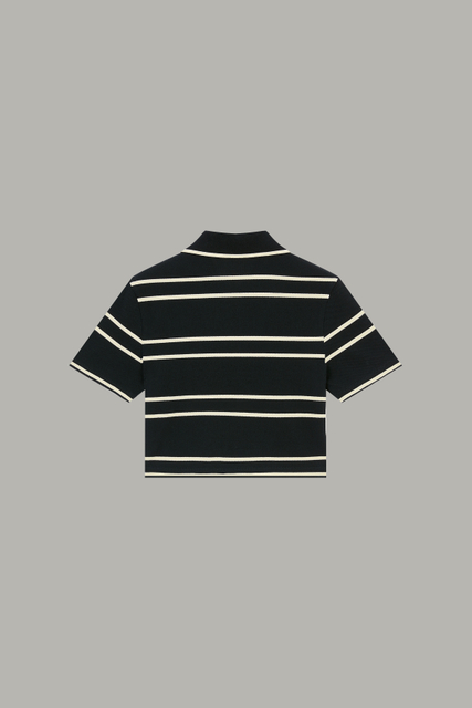 Women's Black & Cream Striped Cropped Polo Top 63