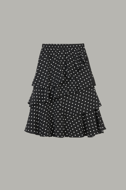 Women's Black & White Polka Dot Tiered Midi Skirt 70