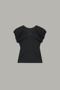 Women's Black Ruched Sleeve Fitted V-Neck Top 67
