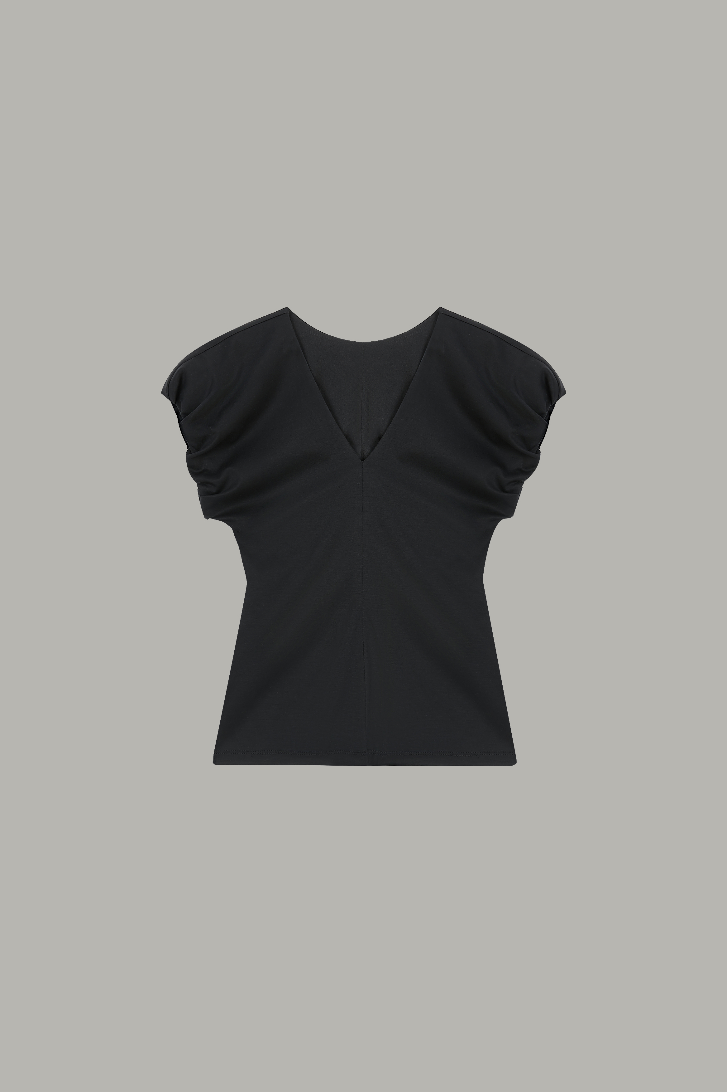 Women's Black Ruched Sleeve Fitted V-Neck Top 67