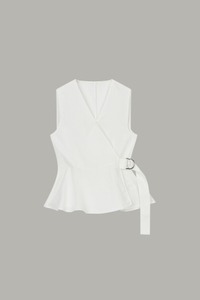 Women's White Sleeveless Wrap Peplum Top 57